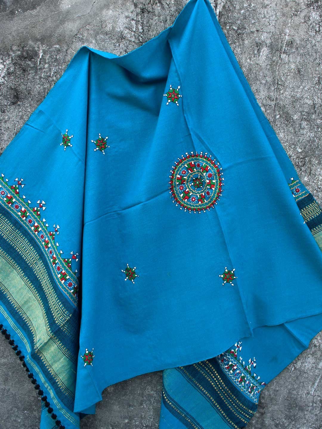 turquoise-blue-Suf-embroidered-woolen-shawl.jpg Turquoise blue, Suf-Embroidered Mirrorwork Shawl - Image 1