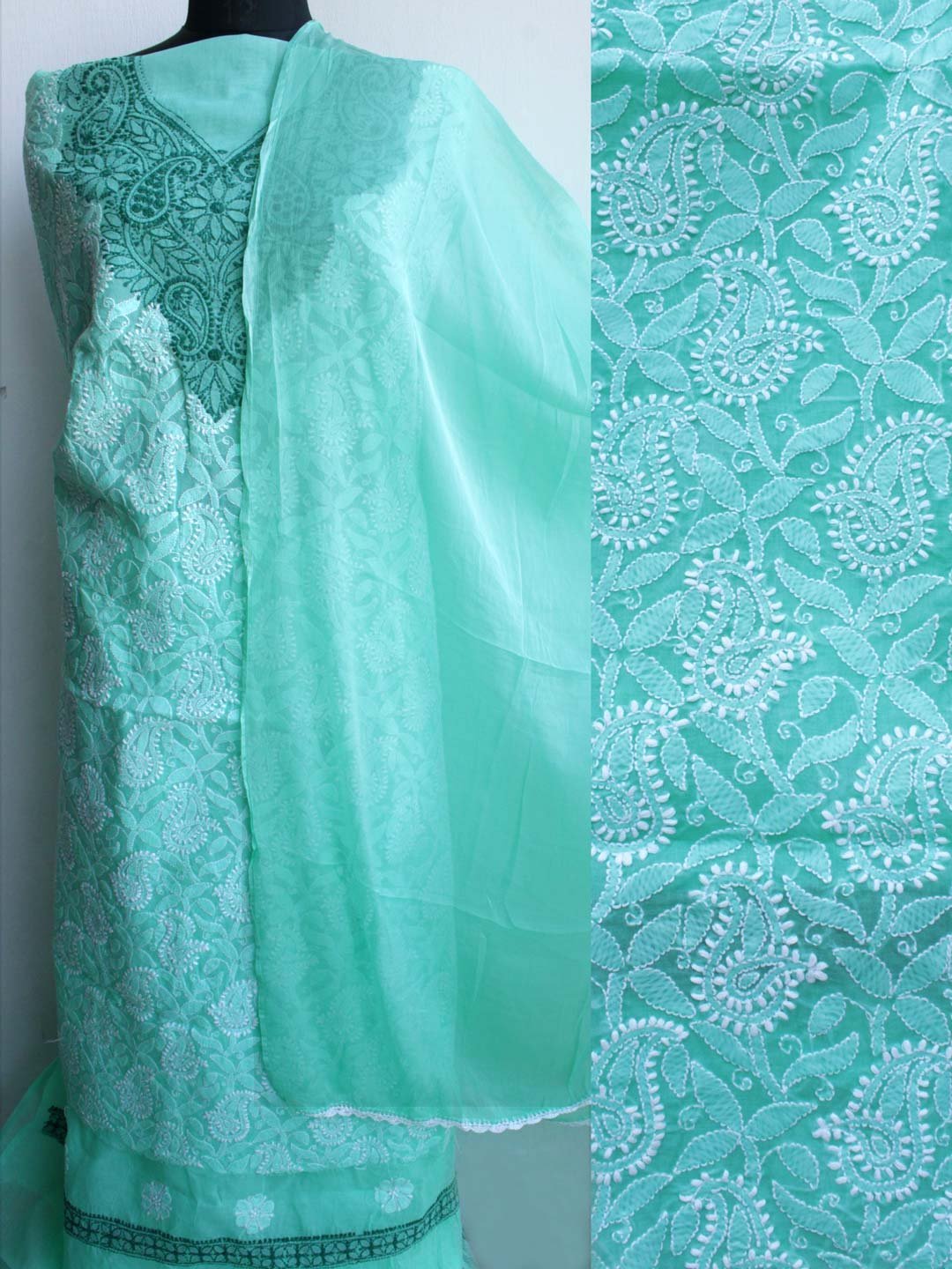 turquoise-green-jaal-chikankari-cotton-dress-material.jpg Turquoise Green Cotton Chikankari Ladies suit - Image 1