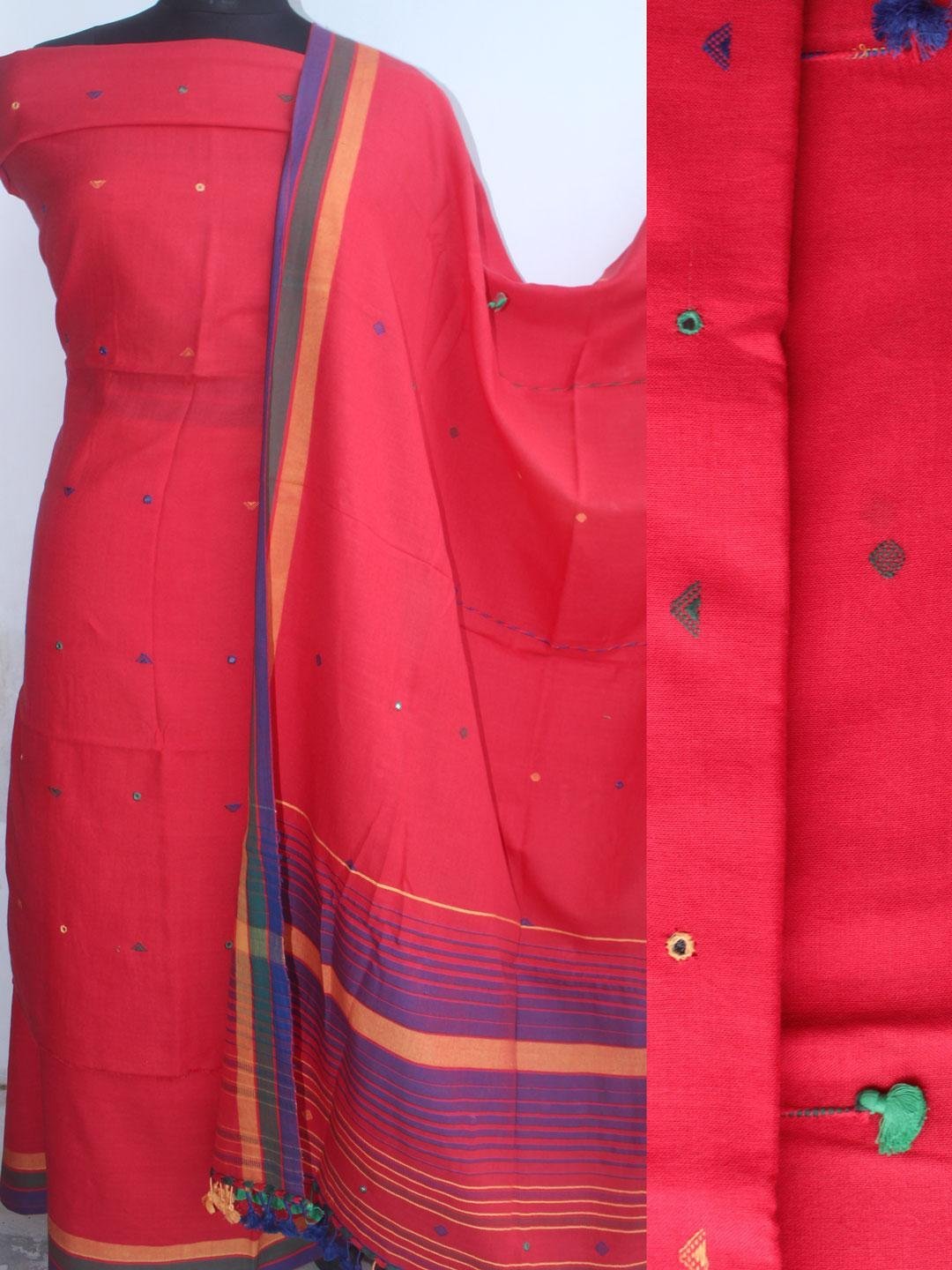 vermillion-red-Bhujodi-mirrorwork-kala-cotton-ladie-Suit.jpg Vermillion-Red cotton Bhujodi Ladies Suit - Image 1