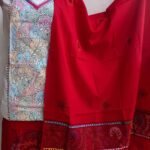 White and Red Kanthawork cotton Dress-material
