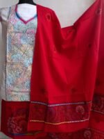 White and Red Kanthawork cotton Dress-material
