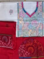 White and Red Kanthawork cotton Dress-material - Image 3