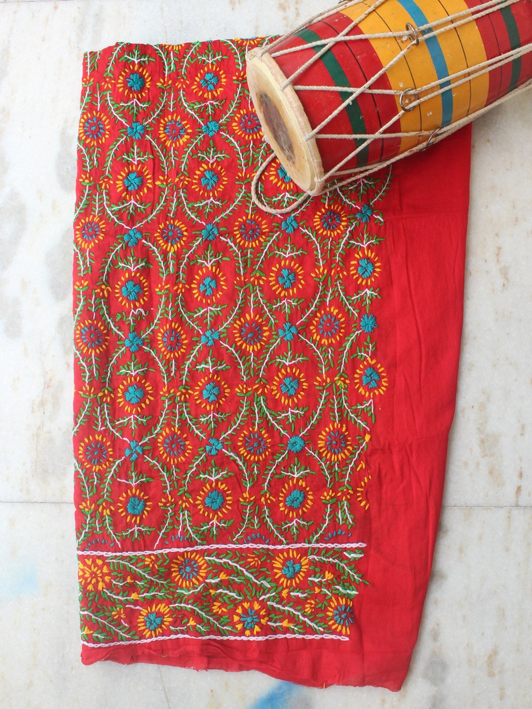 white-blue-yellow-phulkari-red-salwar-fabric2.jpg White, blue, yellow phulkari on Red Salwar fabric - Image 1