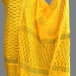 Green and Yellow Block-Print Silk-cotton 3pc ladies suit