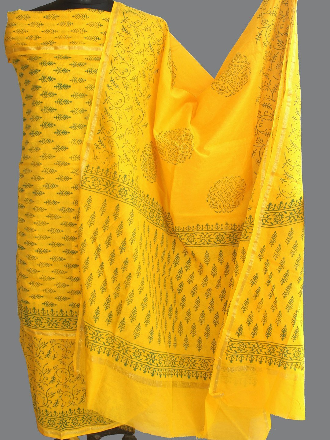 yellow-and-green-block-printed-silk-cotton-dress-material.jpg Green and Yellow Block-Print Silk-cotton 3pc ladies suit - Image 1