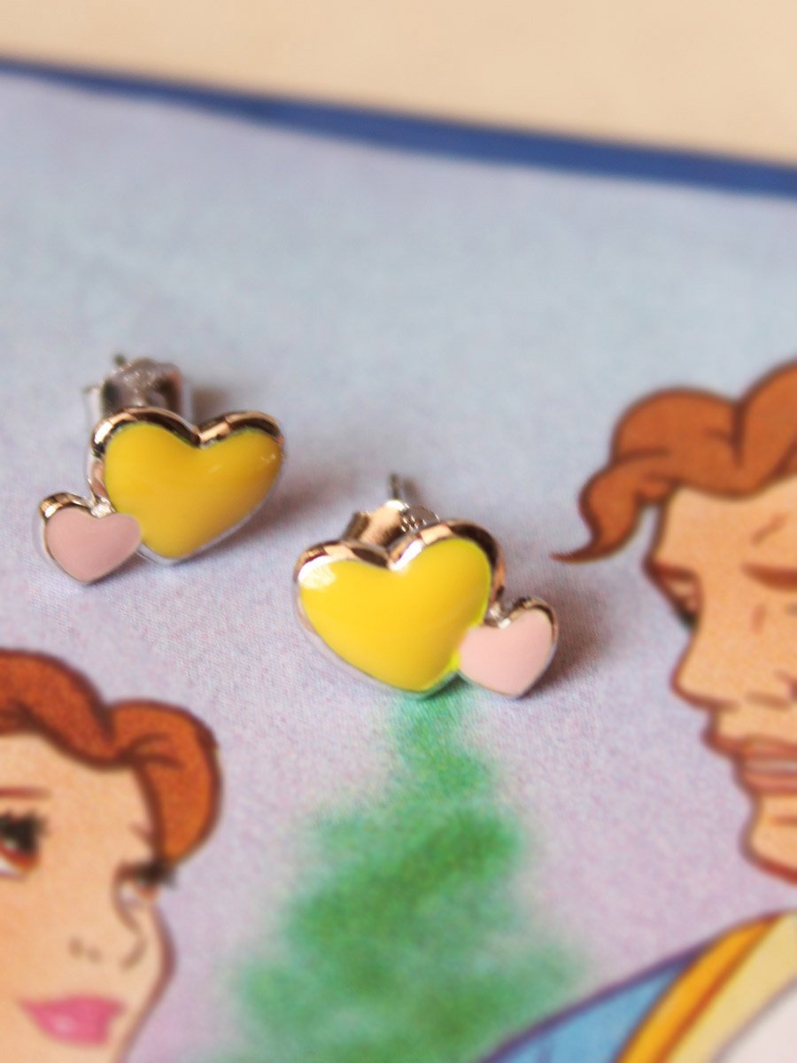 yellow-enamelled-heart-shape-silver-earrings.jpg Yellow and Pink Heart Shape Silver Earrings - Image 1