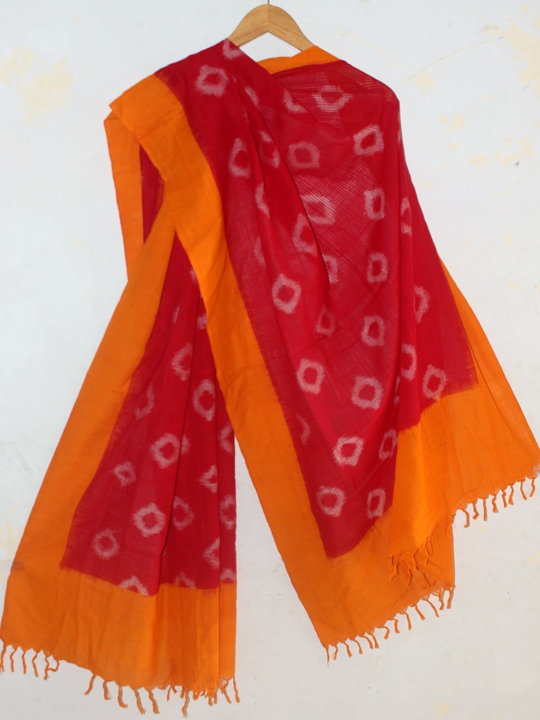 yellow-red-missing-thread-ikat-dupatta.jpg Red and yellow missing thread Ikkat Dupatta - Image 1