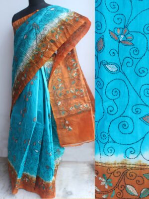 Blue and Orange Sujini-Kantha Silk Saree