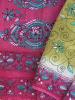 chartreuse-and-Pink-kantha-tassar-silk-saree