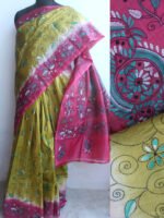 chartreuse-and-Pink-kanthawork-tussar-silk-sari at Shilphaat
