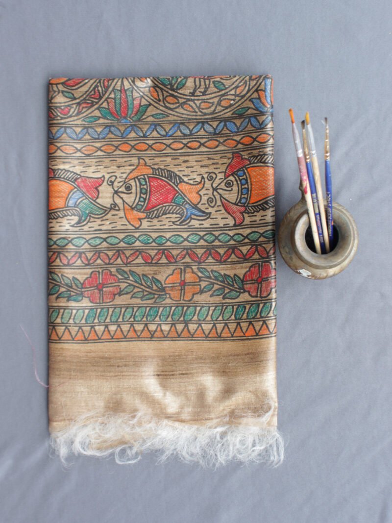 Fishes-Madhubani-Ghicha-silk-Dupatta at Shilphaat