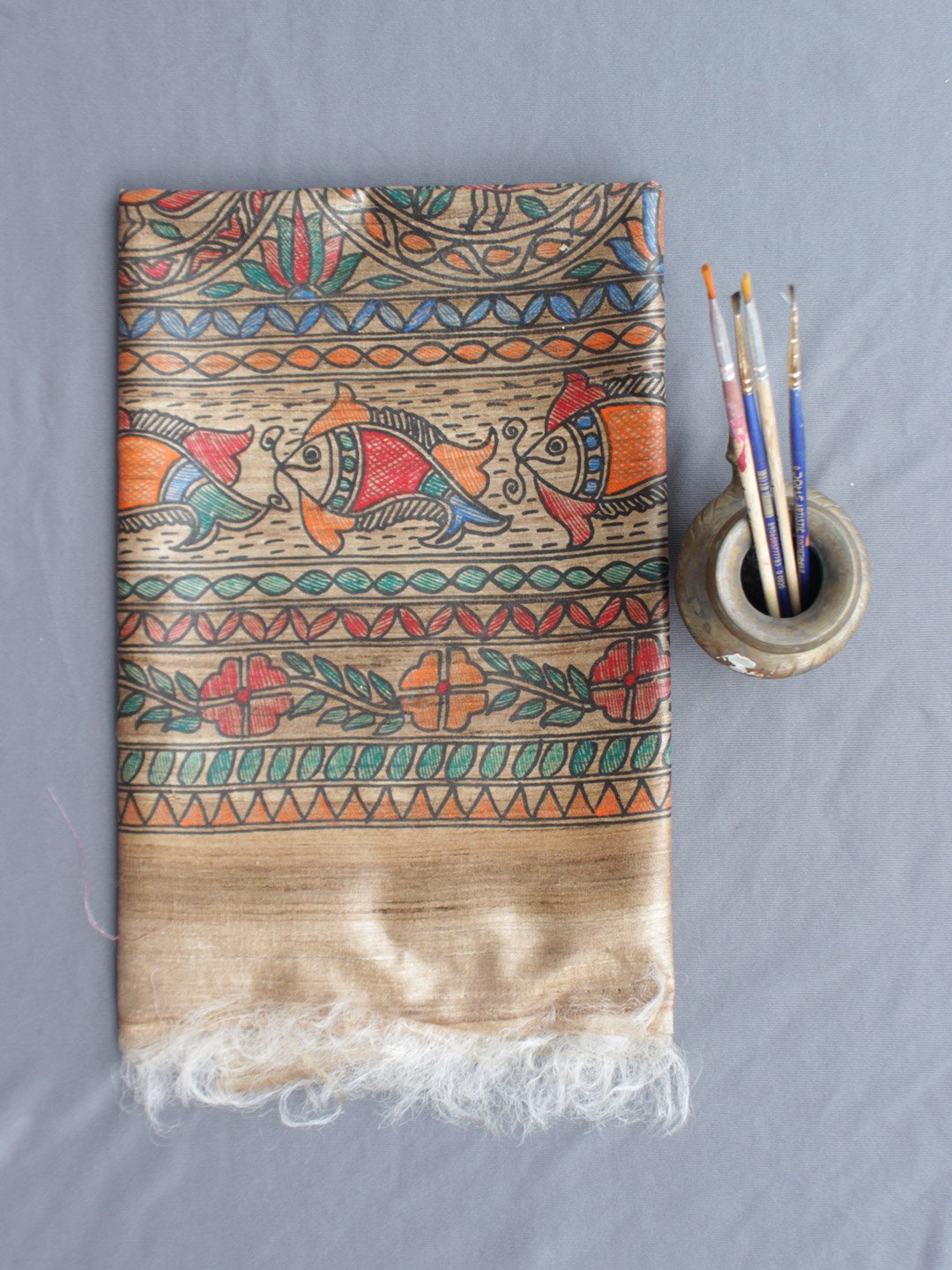 Fishes-Madhubani-Ghicha-silk-Dupatta Fishes-Madhubani-Ghicha-silk-Dupatta at Shilphaat