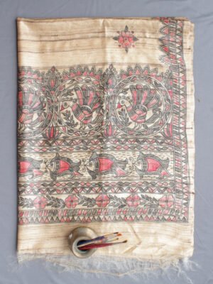 Black,-Red-Fishes,-Peacocks-Madhubani-silk-Dupatta-Tussar-Ghicha- at Shilphaat