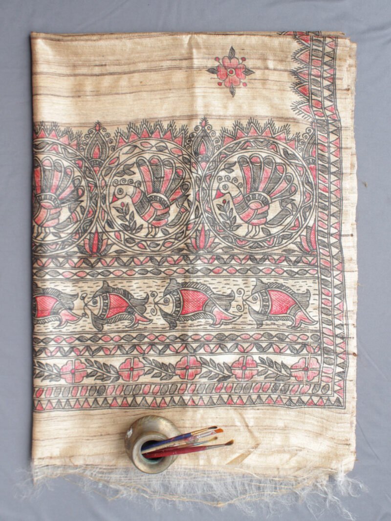 Black,-Red-Fishes,-Peacocks-Madhubani-silk-Dupatta-Tussar-Ghicha- at Shilphaat