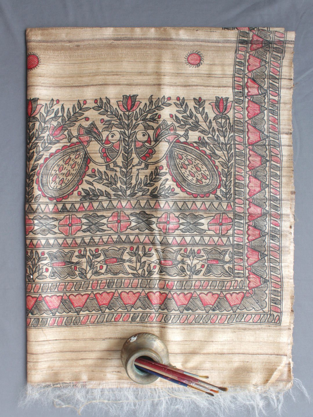 Red-and-Black-Peacocks-Madhubani-silk-Dupatta-Ghicha-Silk Red-and-Black-Peacocks-Madhubani-silk-Dupatta-Ghicha-Silk Shilphaat