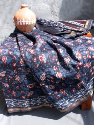 Bagru-dabu-hand-block-print-indigo-maheshwari-sari at Shilphaat