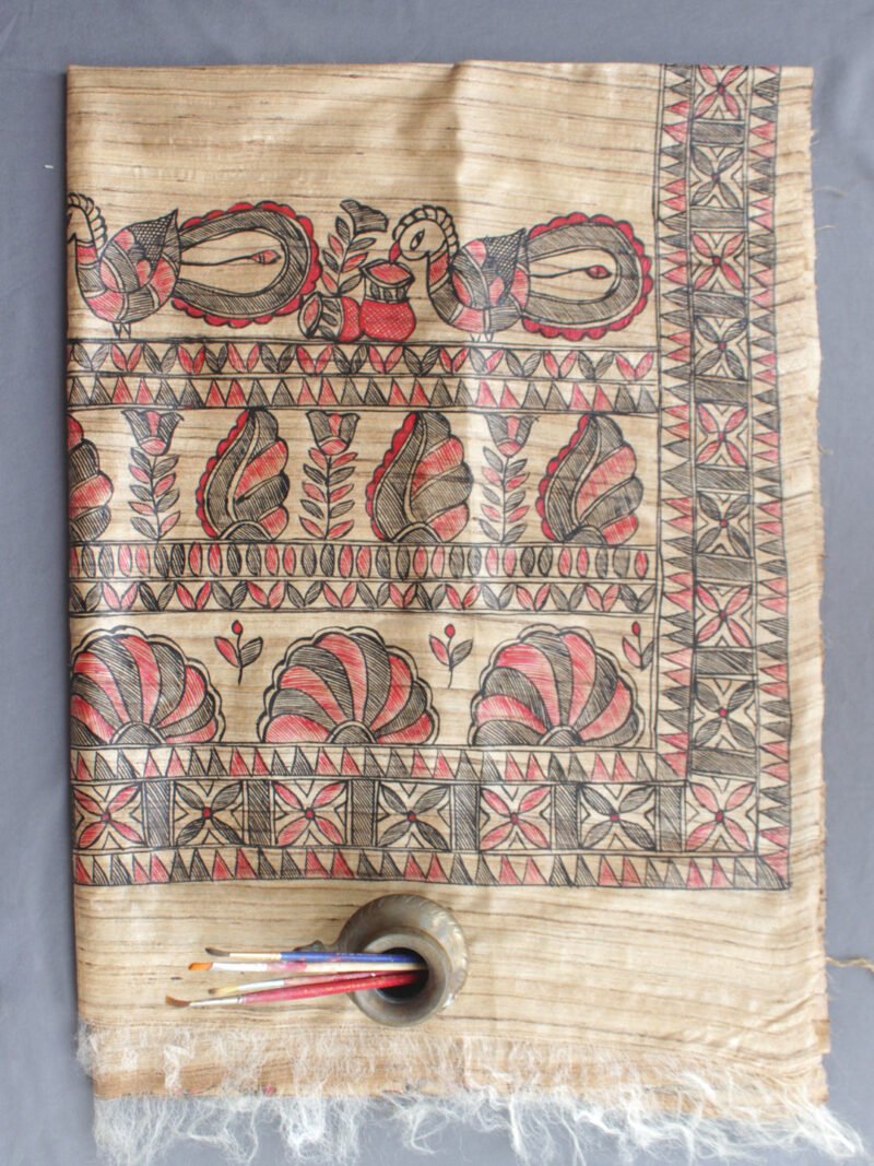 Black and Red-peacocks-madhubani-silk-dupatta at Shilphaat