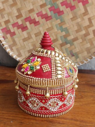 Lacework-Red-wooden-wedding-Sindur-box at Shilphaat